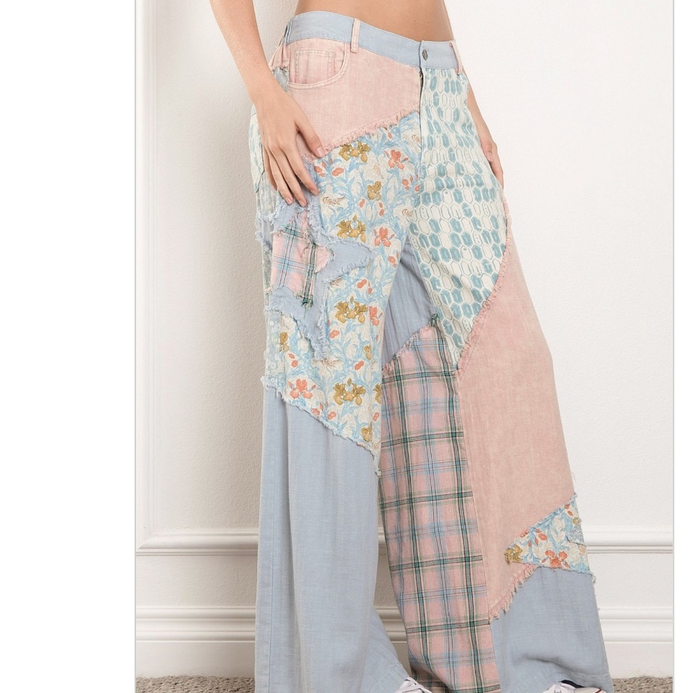 Patchwork Wide Leg Pants in Pastel Pink & Blue - Picture 3 of 7